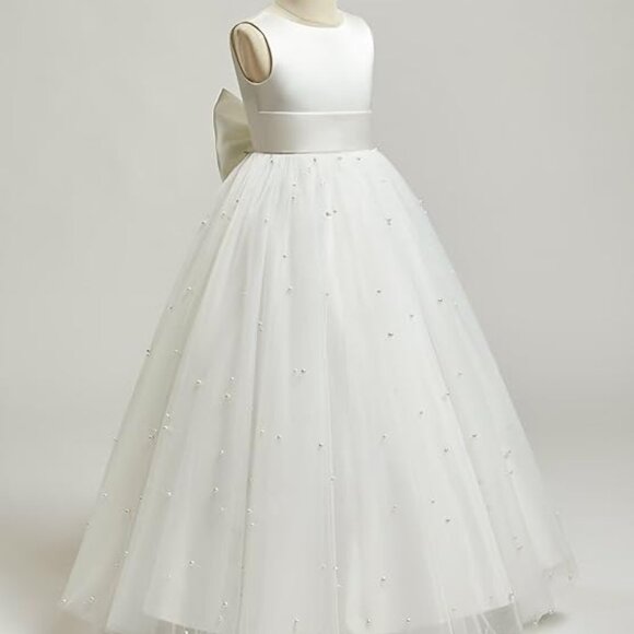 New White Flower Girl Dress with Pearls & Bow – Size 4T, Satin & Tulle - Picture 1 of 3